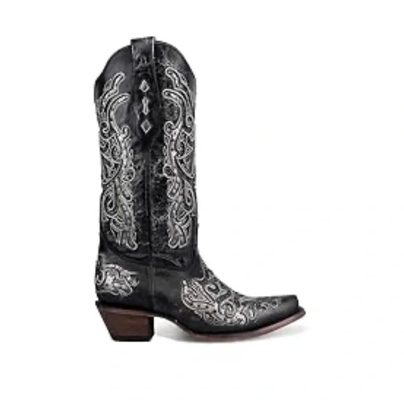 Black and Pewter, studs and rhinestones Embroidered Cowboy Boots, size 10 - Picture 3 of 8
